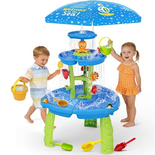Handwell Water Table for Toddlers 3-5, 3-Tier Rain Showers Splash Pond Water Play Table with Umbrella & Water Toy Accessories, Kids Summer Outdoor Toys, Water Activity Sensory Playset for Boy Girls 3+