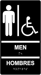 ComplianceSigns.com Men Accessible Restroom Bilingual Sign, ADA-Compliant Braille and Raised Letters, 11x6 in. Black Acrylic with Mounting Strips