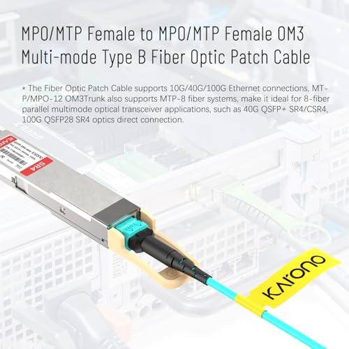 Karono Aqua 10 ft OM3 MPO to MPO Cable, 12 Fibers, Type B, for 40GB QSFP+ Transceivers, MTP Compatible
