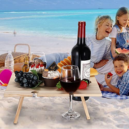 Ubeesize Portable Wine Picnic Table With 1 Bottle Holder+4 Glass Holders, Natural Wood Picnic Table,Small Bed Tray, Foldable Picnic Table For Beach,Camping,Lightweight,11.8 X 13.4 In #TOP5