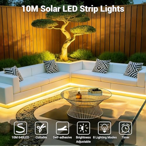 Ylatoial 10M Solar LED Streifen Außen, 640 LED Strip, IP68 Wasserdicht, Dimmbar mit Fernbedienung, 8 Leuchtmodi & Timer, Wiederaufladbar für Balkon, Garten, Terrasse, Warmweiß