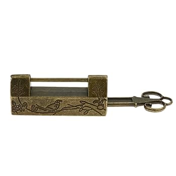 橋アンティーク　鎖鎌 Quluxe Antique Chinese Lock and Key, Flower Bird Carved