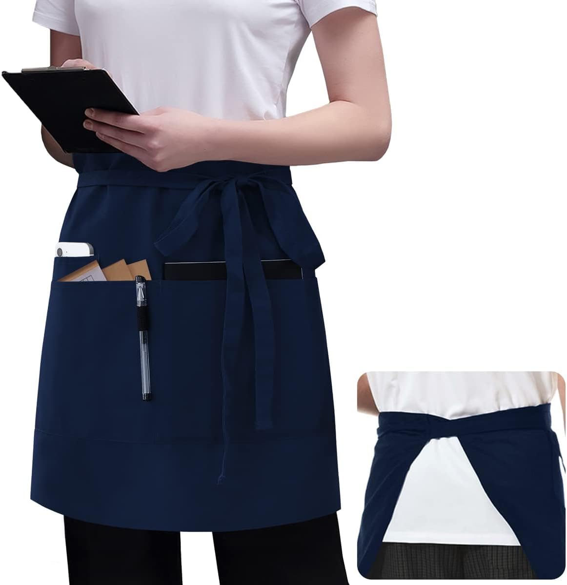 ROTANET Server Apron Black with 3 Pockets 18" Half Bistro Aprons Waterproof