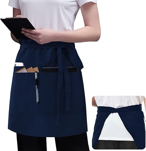 Miniatura 7 de Delantal negro con 3 bolsillos de 22 pulgadas de largo para camarera bistró delantales de media cintura para mujeres y hombres impermeables