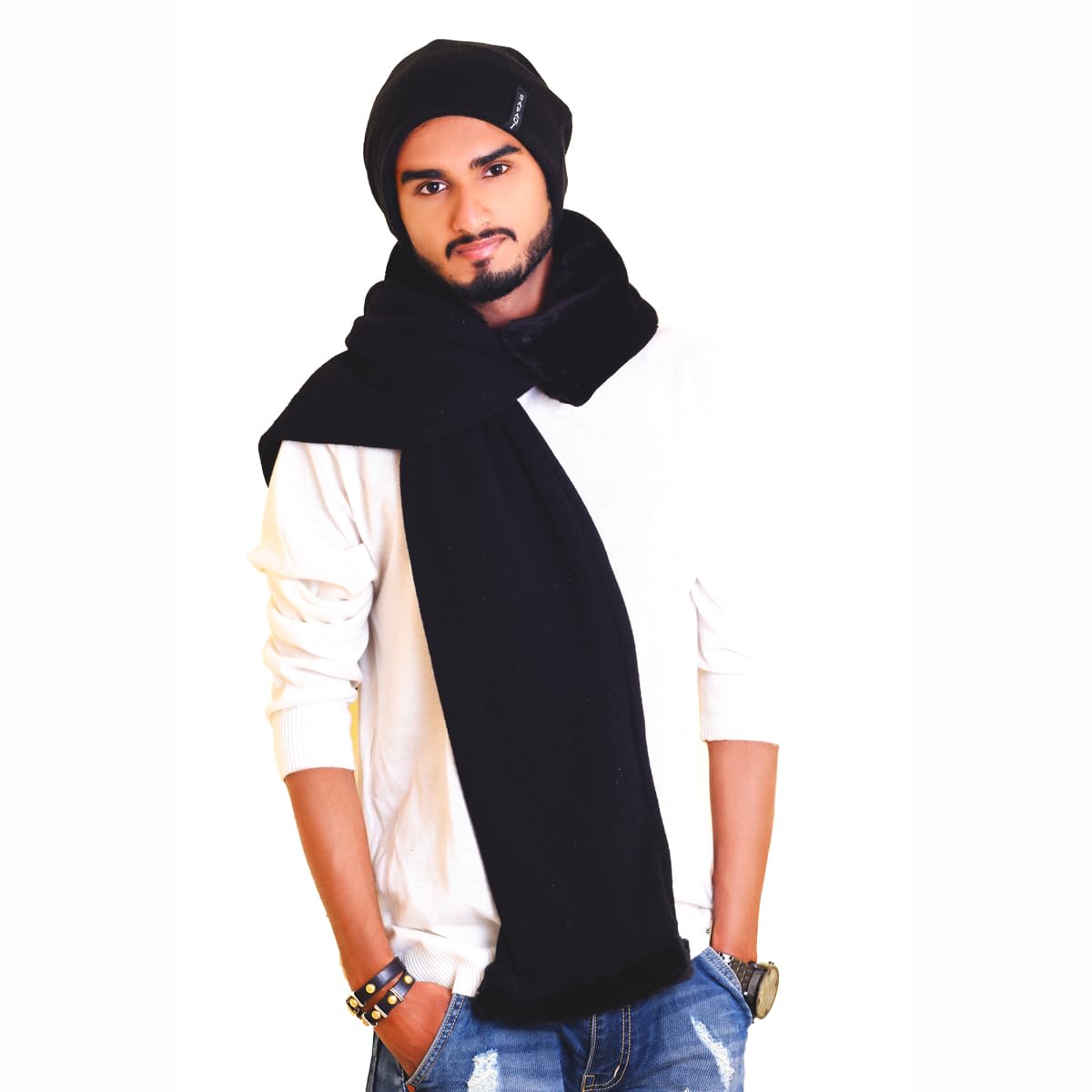 SAFAQI Unisex Winter Woolen Muffler Scarf With Fur Ends and Free Silk Fabric Drawstring Pouch Bag with Transparent Window – 100% Pure Lambs Wool With Faux Fur