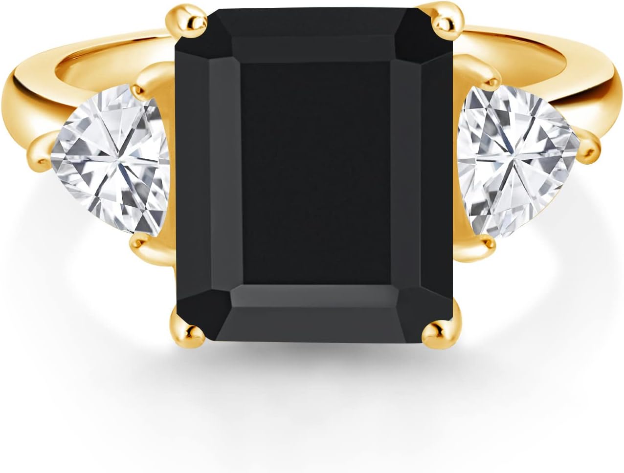 Gem Stone King 5-7 Cttw Gemstone Birthstone 3-Stone Ring For Women In 18K Yellow Gold Plated Silver | Emerald Cut 12X10MM | Trillion 5X5MM | Wedding Anniversary Promise Ring | Sizes 5, 6, 7, 8, 9