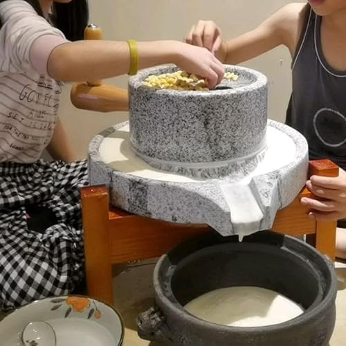 Hand Grain Mill Stone Grinder - Premium Wet & Dry Food Pulverizer for Wheat, Spices, Coffee & More - Durable Physically Polished Granite with Wooden Handle for Efficient Grinding