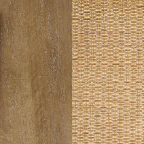 Image of Nathan James Hayes Glass Top Coffee Table, Solid Wood Coffee Table with Glass Top and Rattan Bottom Shelf, Light Brown