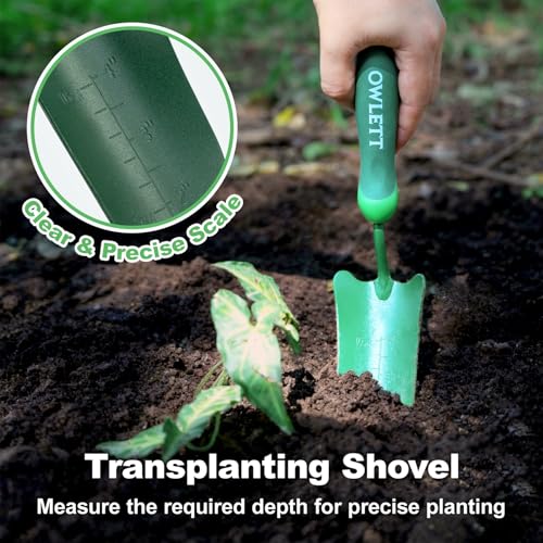 Owlett Garden Trowel with Measurements, High-Hardness Small Hand Shovel with Soft Ergonomic Handle, Rustproof Potting Trowel Gardening Hand Tools for Digging, Planting, Transplanting, Weeding