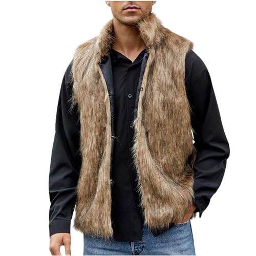 Mens Faux Fur Hooded Vests Fashion Fuzzy Sleevless Cardigan Cozy Thermal Sherpa Vest Jacket Plus Size Plush Outerwear
