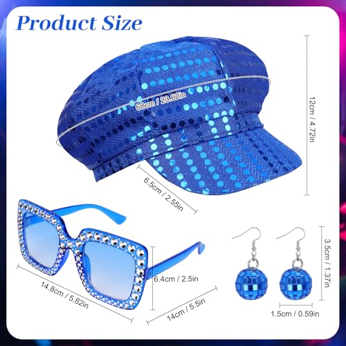 Dreamtop 3Pcs Sequin Abba Blue Hat for Adults 70s Abba Accessories with Blue Hat Sunglasses Earrings Abba Costume Set for Women Theme Party Birthday Dance
