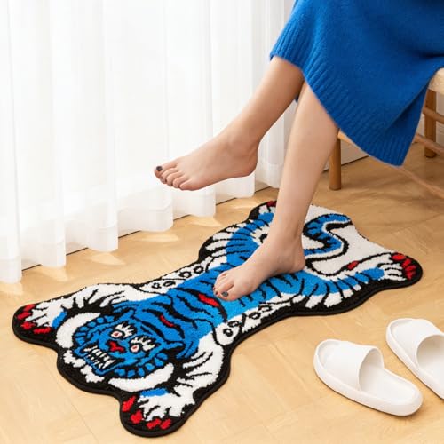 YulyreZome Tibetan Tiger Rug, Blue Tiger Bath Mat Fun Animal Bathroom Rug by YulyreZome - Used condition - Image 4
