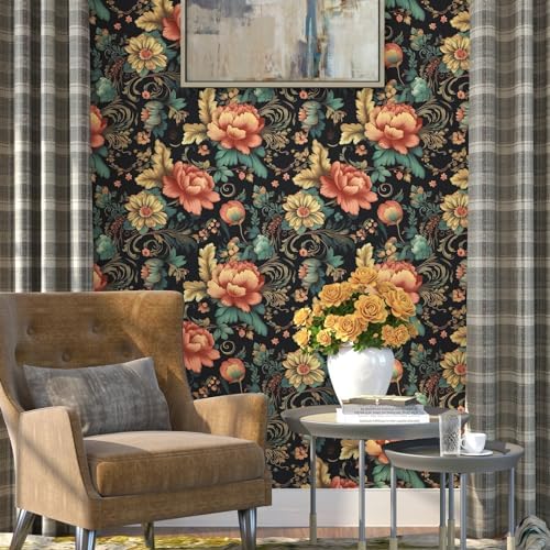 BOKEBEVE Floral Wallpaper Peel n Stick Vintage Black Orange 17.5 x 393.5In