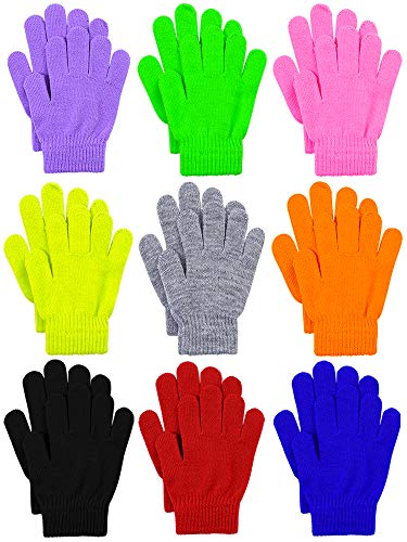 Cooraby 9 Pairs Kid's Knitted Gloves Winter Warm Gloves Mitten Stretchy Full Fingers Gloves for Boys and Girls (Multicolor A, 6-11 Years)