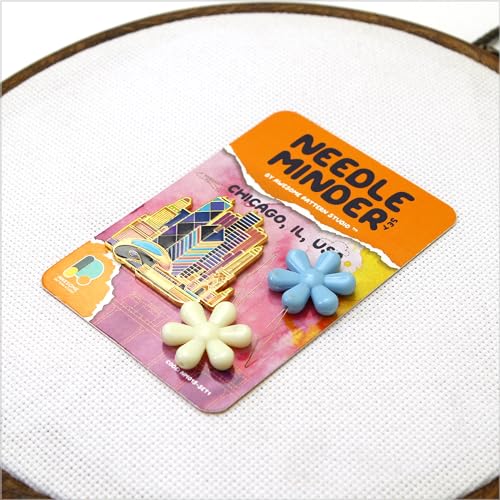 Image of Awesome Pattern Studio Needle Minder Set - Chicago Magnetic Needle Minder + 2 Needle Threaders. Enamel Pin for Cross Stitch, Embroidery and Craft