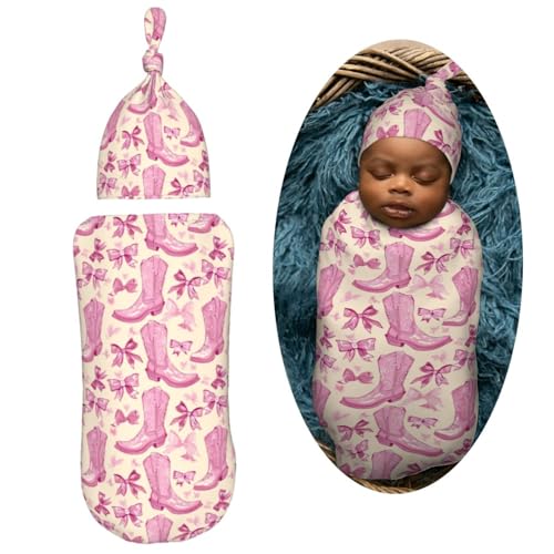 Image of Retro Pink Cowgirl Boot Newborn Swaddle Blankets Hat Sets Soft Baby Receiving Blanket Swaddle Sack for Baby Shower Infant Boy Girl Gift