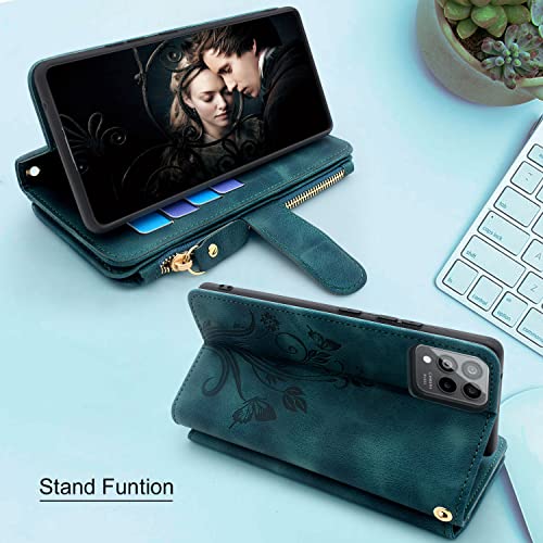Lacass [Cards Theft Scan Protection 10 Card Slots Holder Zipper Pocket Wallet Case Flip Leather Cover With Wrist Strap Stand For T-Mobile T Phone Pro 5G / Revvl 6 Pro 5G 2022 Case(Floral Cyan) #TOP4