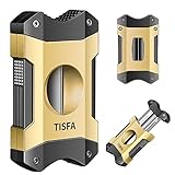 TISFA Cigar Cutter V-Cut, Stainless Steel Guillotine Sharp Cut Blade with Cigar Stand (Black & Gold)