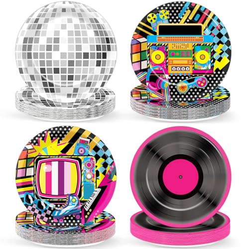 48Pcs Colorful 80s 90s Party Paper Plates 7 Back to 90s 80s Hip Hop Birthday Supplies Retro Music Disco Ball Disposable Dessert Dinner Plates Tableware for Kids Birthday Baby Shower Decoration