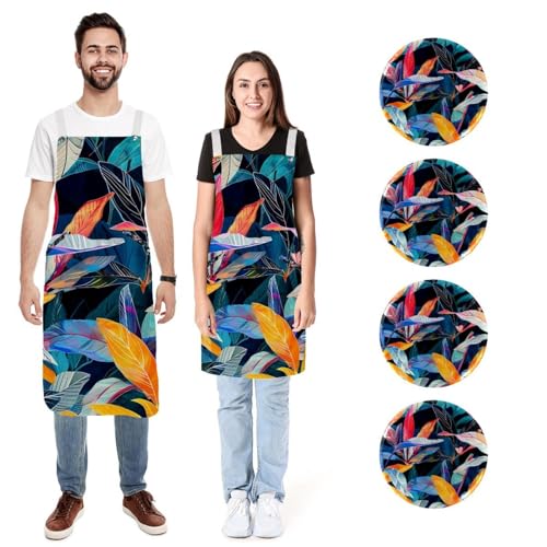 Tablier de chef en lin réglable lot de 2 avec 2 poches motif plantes tropicales