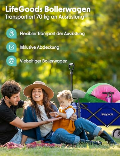 LifeGoods Bollerwagen Faltbar - Faltbarer Bollerwagen - Handwagen Klapbarr - Gartenwagen - Transportwagen - Strandwagen - Strand - Klappbarer – 360 Grad Drehbare Vollgummireifen - 94L– 98x45cm - Blau – Bild 3