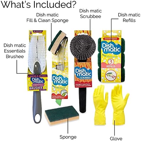 Washing Up Brush Set - for Dish Kitchen Sink Pot Pan Scrubbing with Durable Bristles Includes - Dishmatic Fill & Clean Sponge, Stainless Steel Scourer, General Purpose Brush, Refill, Glove and Sponge