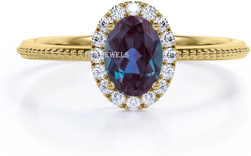 PVN JEWELS Vintage Inspired 1.15 Carat Oval Cut Lab Created Alexandrite And CZ Diamond Halo Engagement Ring In 925 Sterling Silver