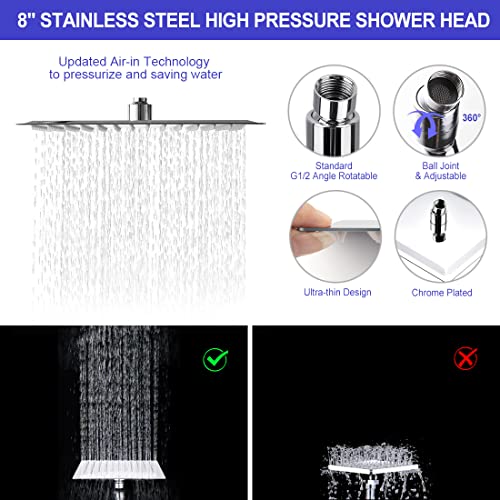 Qinmor Shower Head, 8 Inch High Pressure Hydrojet Rainfall Shower Head / 6 Spray Settings Handheld Showerhead Combo With 11 Inch Extension Arm, Anti-Leak Shower Head With Holder, 1.5M Hose, Chrome #TOP3