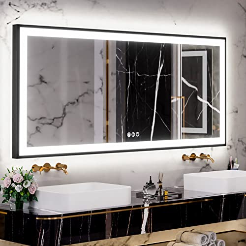 Iskm Led Lighted Mirror For Bathroom 72X32 Inch, Large Framed Anti-Fog Stepless Dimmable Illuminated Wall Mounted Mirror, Shatter-Proof, Memory, 3 Colors Vanity Mirror #TOP14