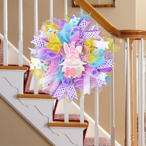 Couronne de lapin de Pâques faite main avec feuillage et ruban - 4