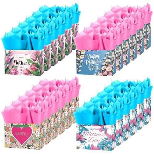 ysmile 24 Pack Mothers Day Gift Bag with Tissue Paper in Bulk Flower Design for Mom Grandmother Party Favor Treat 9"