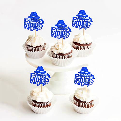 Cyodoos 24Pcs Happy Fathers Day Cupcake Toppers Best Dad Beard Hat Heart Cupcake Picks Cake Decoration Party Supplies For Party Cupcake Decorations - Bule Glitter #TOP4