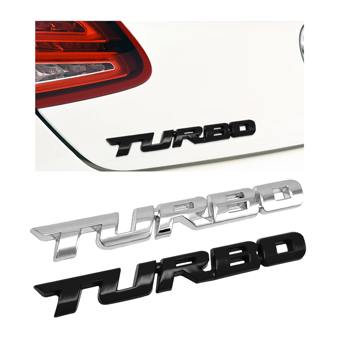 2 PCS 3D Metal Emblem Badge Sticker with Turbo Letters, Self-Adhesive Vehicle Fender Rear Trunk Emblem Decal, Universal Car Accessories (Silver+Black)