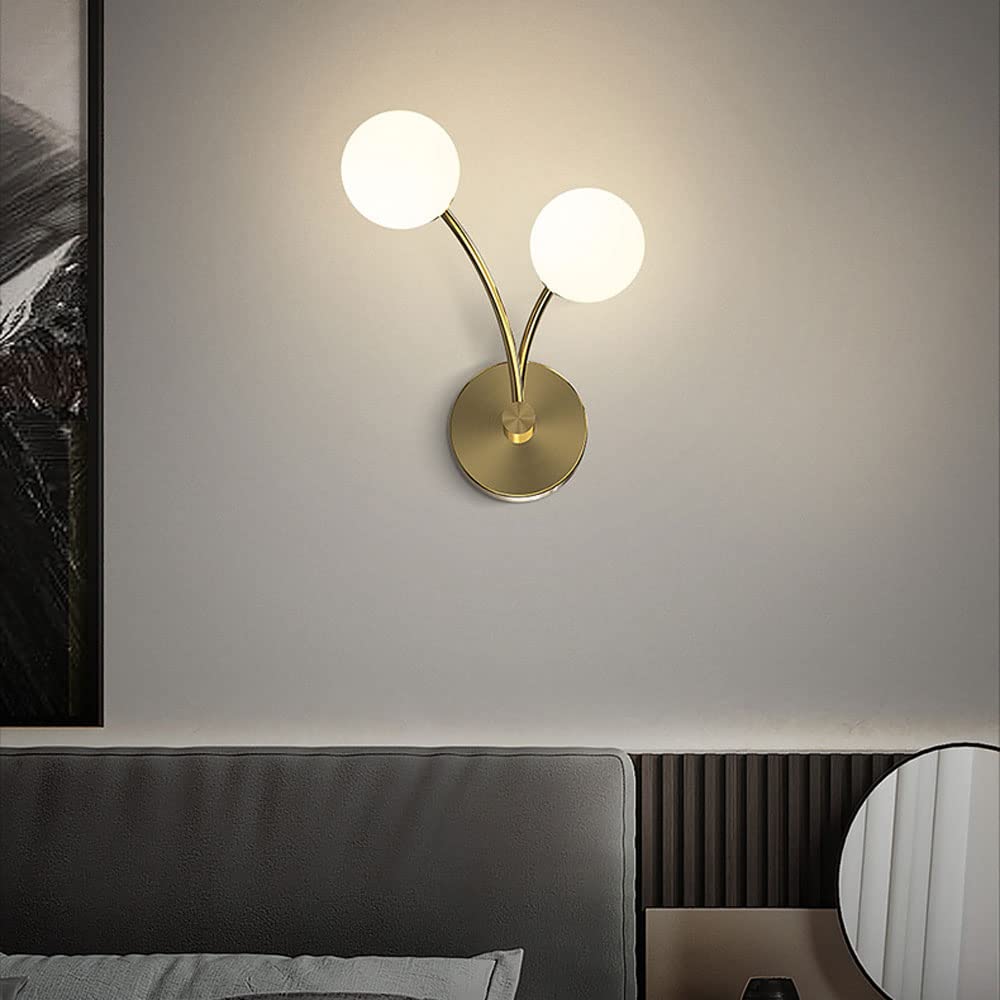 Lampa ścienna, 2 światła kinkiet miedziany lampa ścienna ze szklanym kloszem kuli, wewnętrzna miedziana lampa do montażu na ścianie, lampy ścienne G9 do salonu sypialni przy łóżku