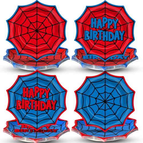 48Pcs Spider Paper Plates Spiderweb Birthday Party Decorations 9 Inch Spider Web Tableware Red and Blue Disposable Dinner Plates for Kids Boys Girls Fans Spiderweb Themed Birthday Hero Party Supplies