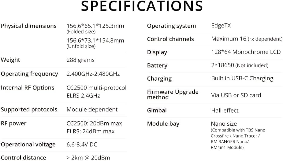 Radiomaster Pocket Hall Gimbal EdgeTX Transmitter specifications table.