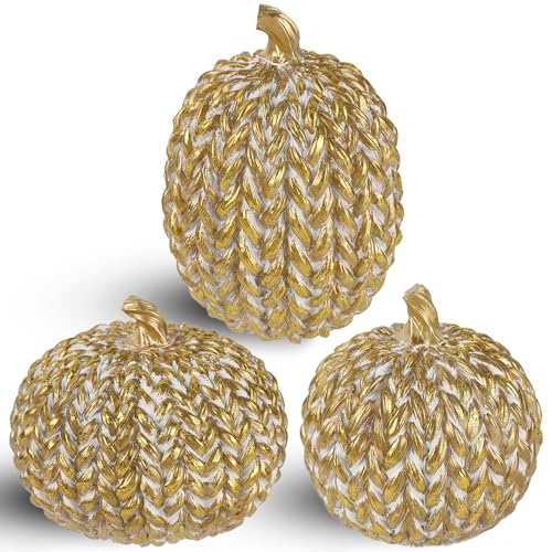 winemana Fall Decorations for Home Set of 3, Gold & White Resin Pumpkin Decor with Woven Design - Thanksgiving Table Centerpiece, Mantel, Indoor & Outdoor Farmhouse Autumn Décor