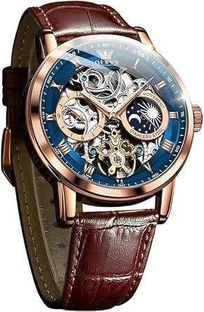 OLEVS Mens Mechanical Wristwatch, Automatic & Hand Winding, Fashionable, Leather, Skeleton, Moon Phase, Luminous, Moon, Waterproof, Watch for Men