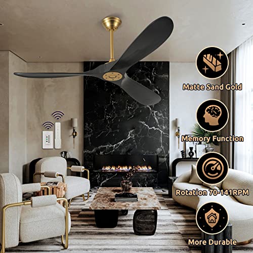 60 Inch Black Gold Ceiling Fans No Light Modern Indoor Outdoor Ceiling Fans For Patios, Farmhouse, Living Room, 3 Blades Wood Ceiling Fan Large Air Volume Energy Efficient Dc Motor Remote Wall Switch #TOP4