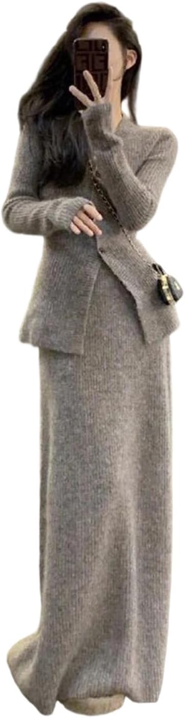 Women's Knitted 2 Pieces V Neck Coat Long Sleeve Sweater Suit Vintage Two Piece Set High Waist Skirt