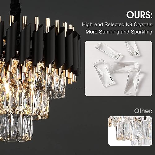 Image of Manraj Modern Crystal Chandelier, 40 cm Round, 3-Tier Black and Gold, K9 Crystal Ceiling Light Fixture for Living Room and Hallway (Black & Gold, 400mm)