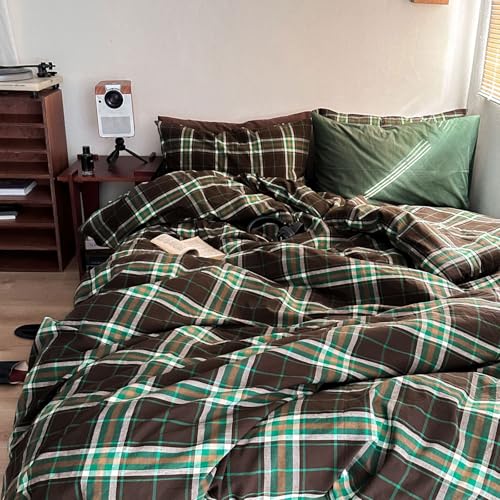Image of LifeTB Queen Comforter Set Brown Green Plaid Comforter Set, 3 Pieces Vintage Plaid Checkered Comforter with 2 Pillowcases, Fluffy Soft Breathable Grid Pattern Farmhouse Gingham Bedding Set Queen