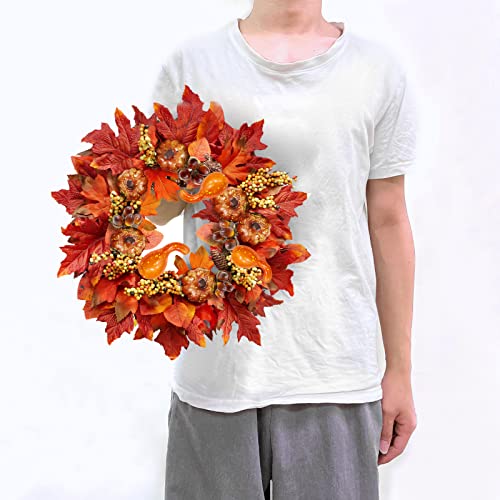 Prelit Fall Wreath 20 Lights With Timer Front Door Decorations 54 Maple Leaves 7 Pumpkin Pinecone 12 Acorn Berry Stem 17 Inch Battery Operated Fall Thanksgiving Decor Home Indoor Outdoor(Orange Red) #TOP4