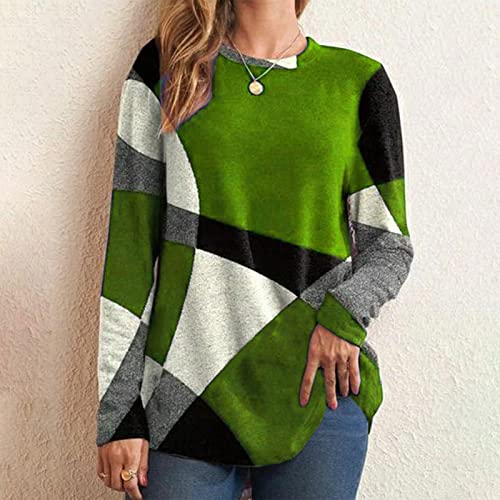 Kuluzego Womens Crew Neck Flannel T Shirts Tops Tee for Women Color Block Geometry Winter Fall Tee Shirt 2023 DX2