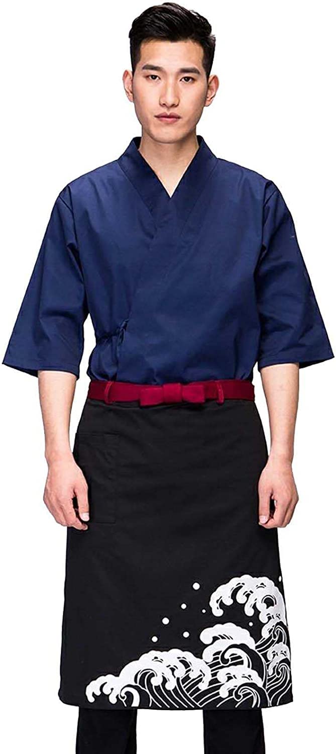 Delantal de Abrigo de Chef de Sushi for Hombre, Uniforme de Camarero japonés de Manga 3/4, Ropa de Trabajo, Restaurante de Cocina (Color : Blue, Size : XL-Xlarge)