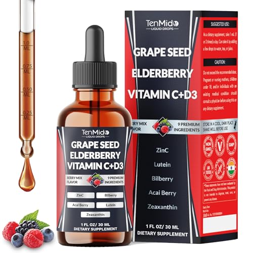 9in1 Grape Seed Extract Liquid Drops with Elderberry, Bilberry, Acai Berry, Lutein, Zeaxanthin, and More - Wellness Support - 30ml 1 Fl Oz