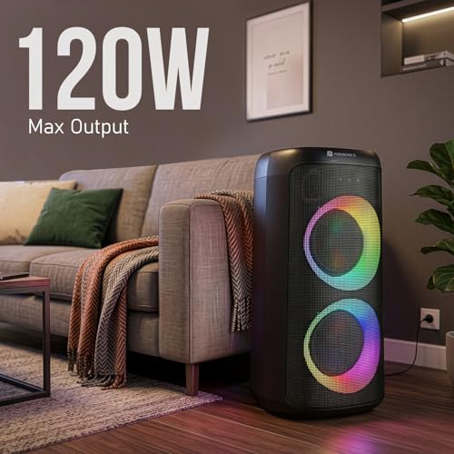 Image of Portronics Dash 14 120W Party Speaker with Wireless Karaoke Mic, 4 Hours Playtime, Bass Boost Technology, RGB LED Lights, Dual Bass Driver, BT V5.3, USB /AUX in, Type C Charging(Black)