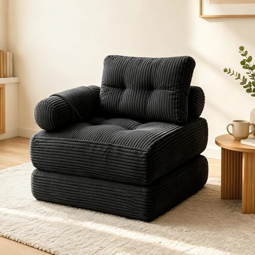 Image of Folding Sofa Bed Convertible Sleeper Chair with Pillow Boneless Futon Chair | Boneless Foldable Couch with Armrest, Comfy Fold Out Floor Couch for Living Room, Dark Grey