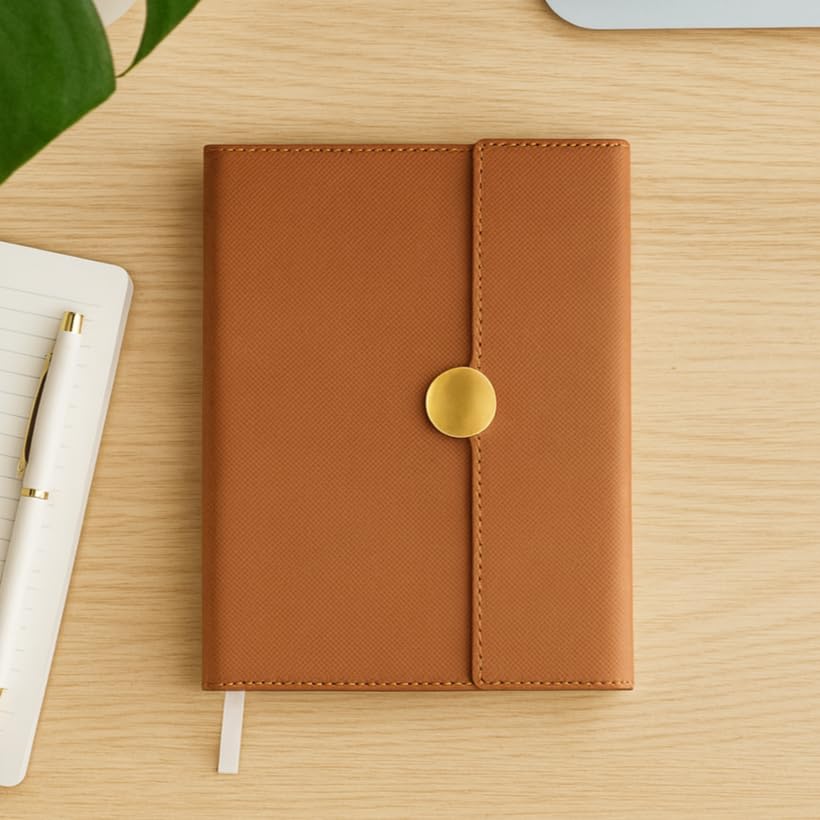 Image of A5 Journal Notebook Diary for Men Women | Office Journal Diary Notebook with Magnetic Flip Lock and Mobile Holder Pocket (200 Ruled Pages, 6 x 8.5 Inches, 80 GSM) (Round Mag. Tan)