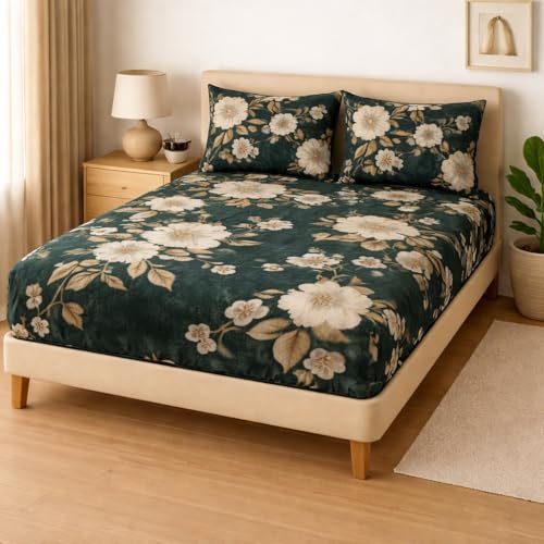 Image of Rome Warm Flannel Fitted Bedsheet with 2 Pillow Covers - 155 GSM Soft Bedsheet Set with Elastic Deep Pocket 90x100+10 Inches for Double Bed, AC Room & All Season Comfort -Dark Green